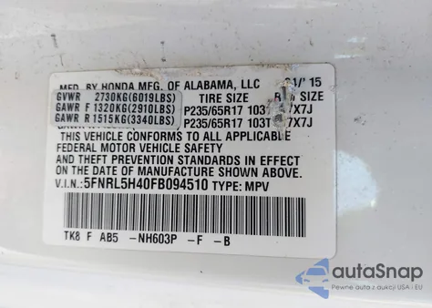 2015 Honda Odyssey Ex z USA, uszkodzony, nr VIN 5FNRL5H40FB094510